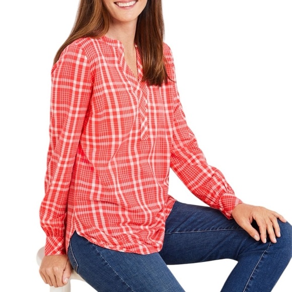 Talbots Tops - NWOT Talbots Women's Band Collar Red Plaid Tunic Blouse Size XS MSRP $79